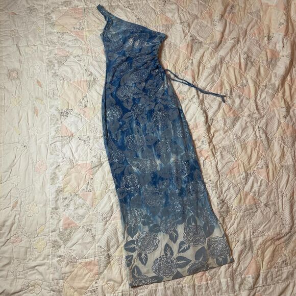 vintage y2k blue to white ombre sparkly cinched one sleeve fairy floral gown - Picture 1 of 7